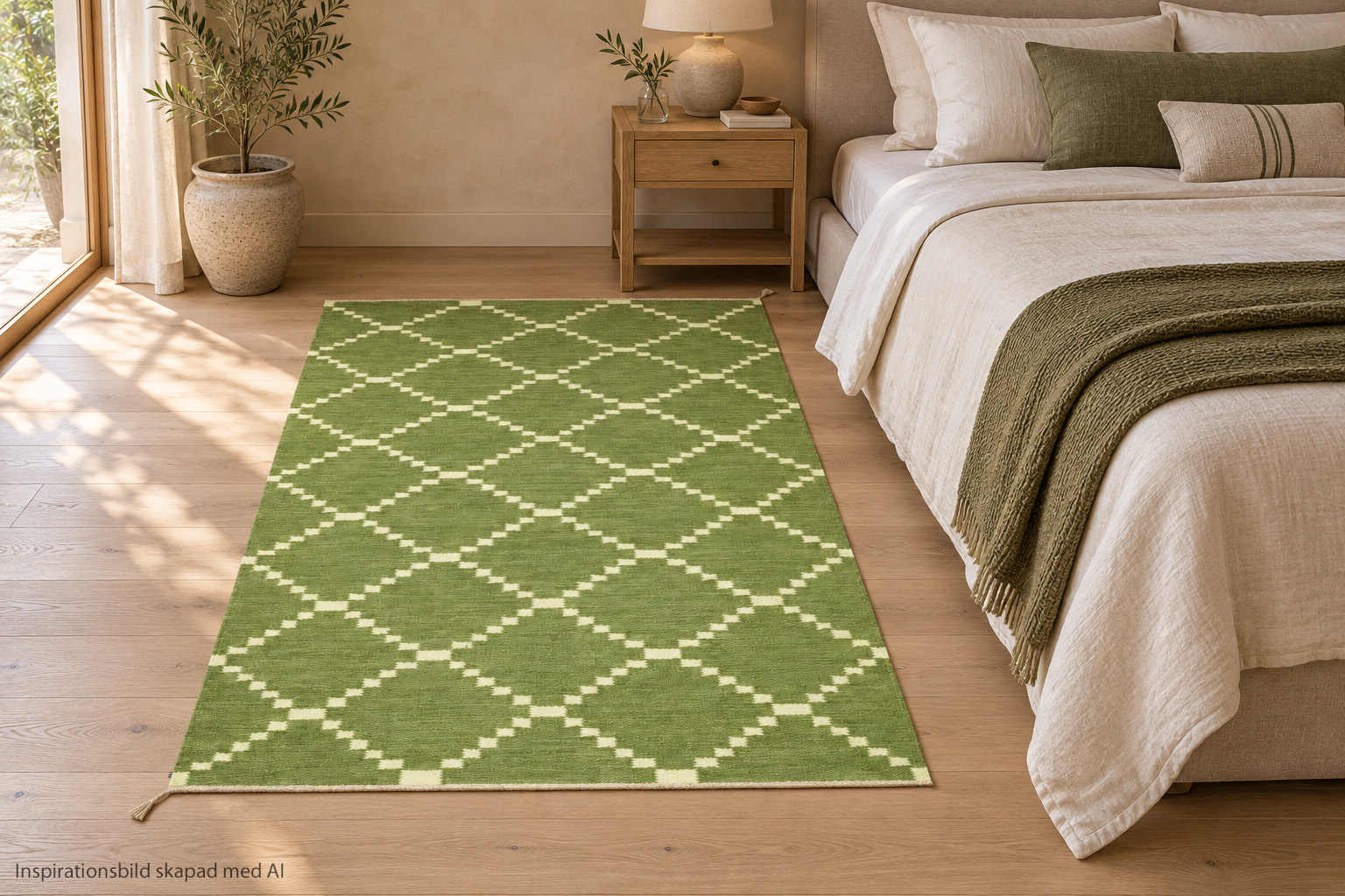 Röllakan Östanå New Light Green från Axeco i ett modernt sovrum med scandinavisk stil