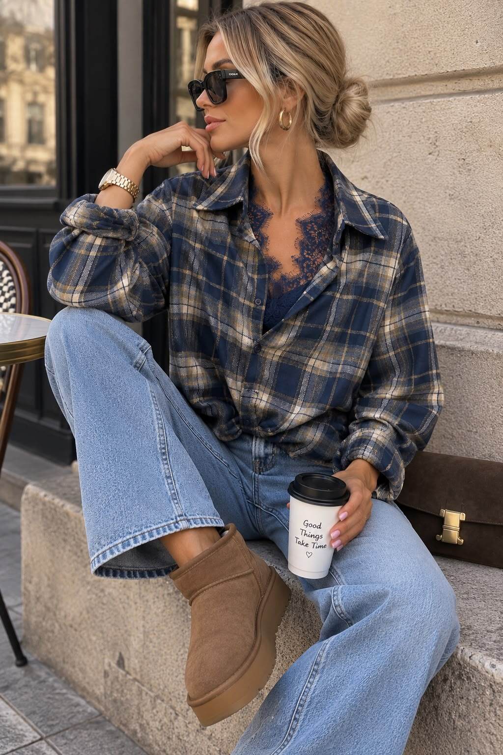 Shirt check with lace details navy - 2