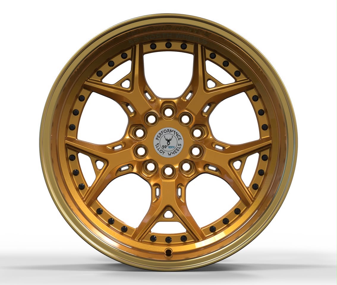 59°North Wheels D-014 9,75x18" ET -5 5x114,3/5x120 guld/polerad läpp/svarta splitskruvar - 3