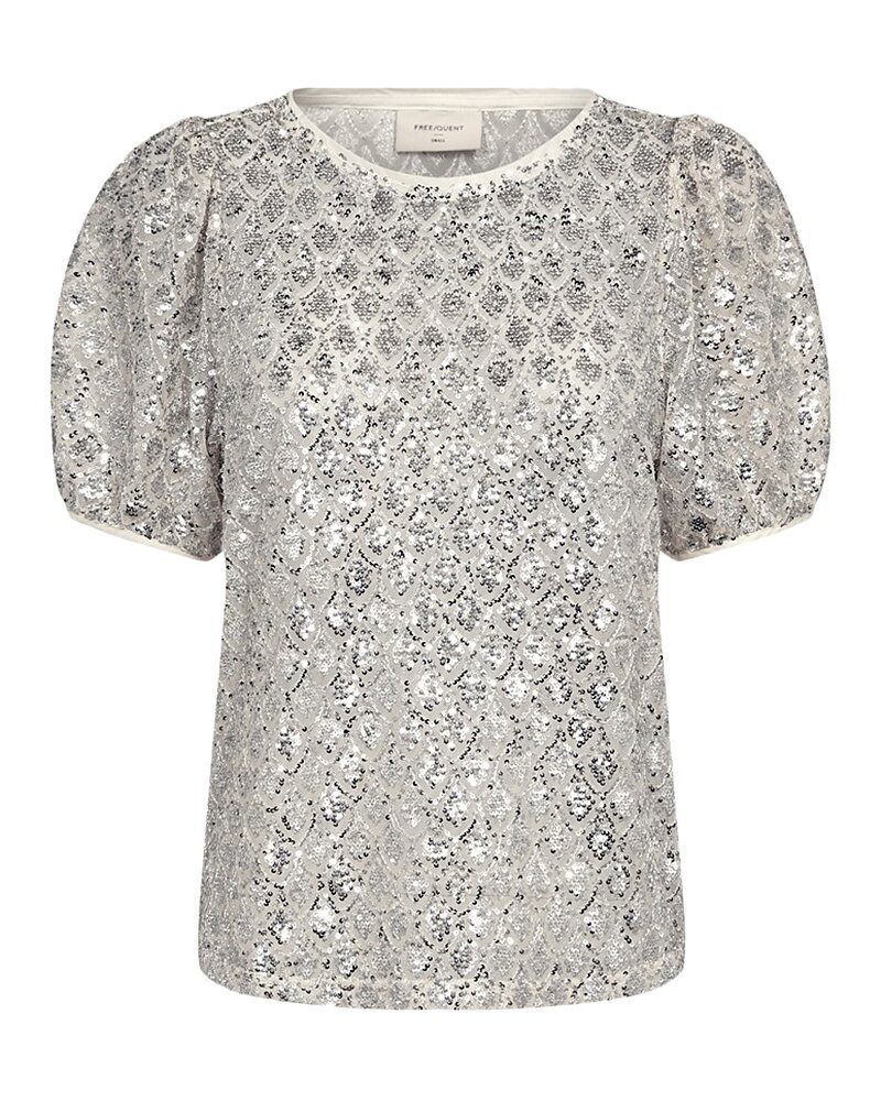 Blus Patsy puffärm i ljusbeige med paljetter
