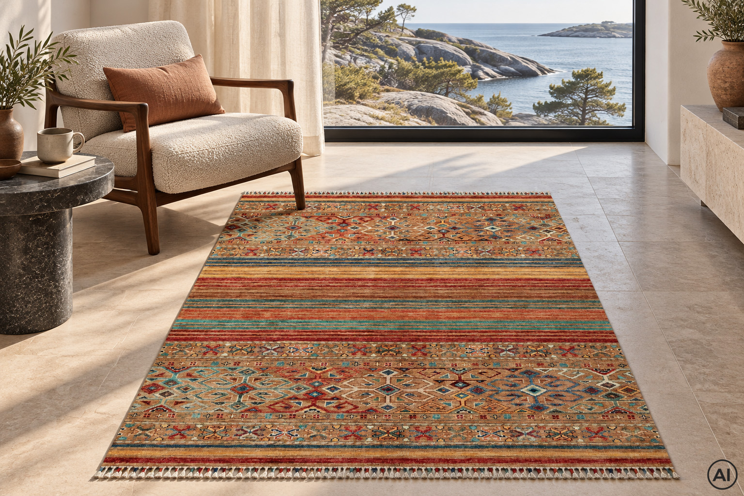 Miljöbild av handknuten Samarkand ullmatta 124x182 cm med orientaliskt mönster i exklusivt vardagsrum med havsutsikt.
