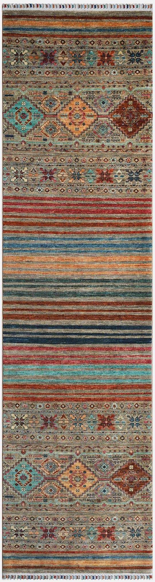 Produktbild helbild av handknuten Samarkand gångmatta 79x294 cm i ull, med färgglada ränder och orientaliska mönster.