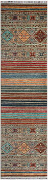 Produktbild helbild av handknuten Samarkand gångmatta 79x294 cm i ull, med färgglada ränder och orientaliska mönster.