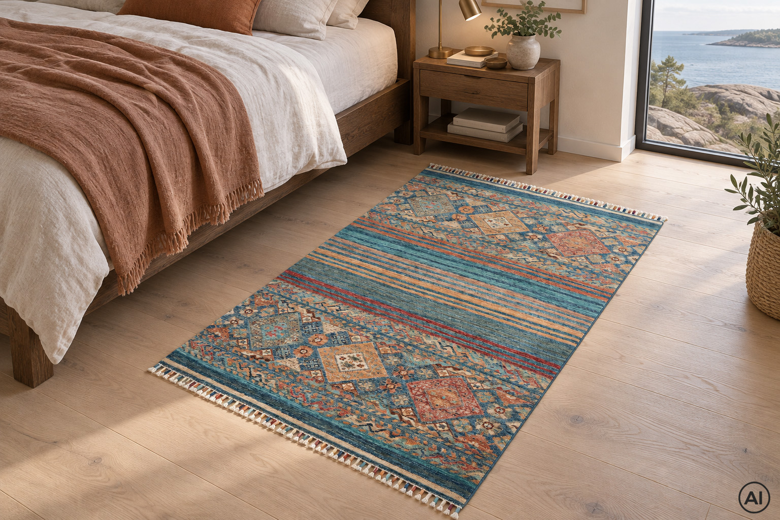 Samarkand Blå 101x154 cm, handknuten orientalisk ullmatta vid sängen i ett ljust nordiskt sovrum med havsutsikt.