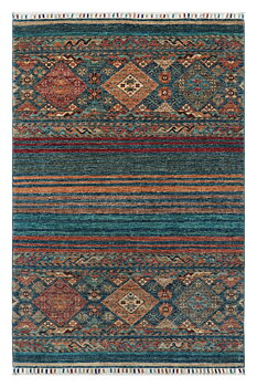 Produktbild helbild av Samarkand Blå 101x154 cm, handknuten afghansk ullmatta med mönster i rött, rost, turkost och beige.