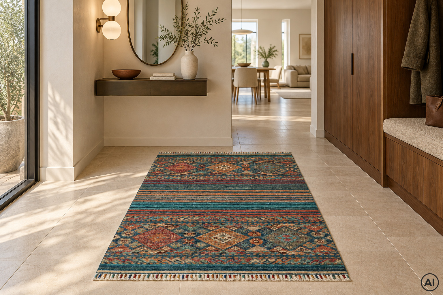 Miljöbild av Samarkand Blå 101x154 cm, handknuten afghansk ullmatta med blå botten och modernt mönster i modern hall.