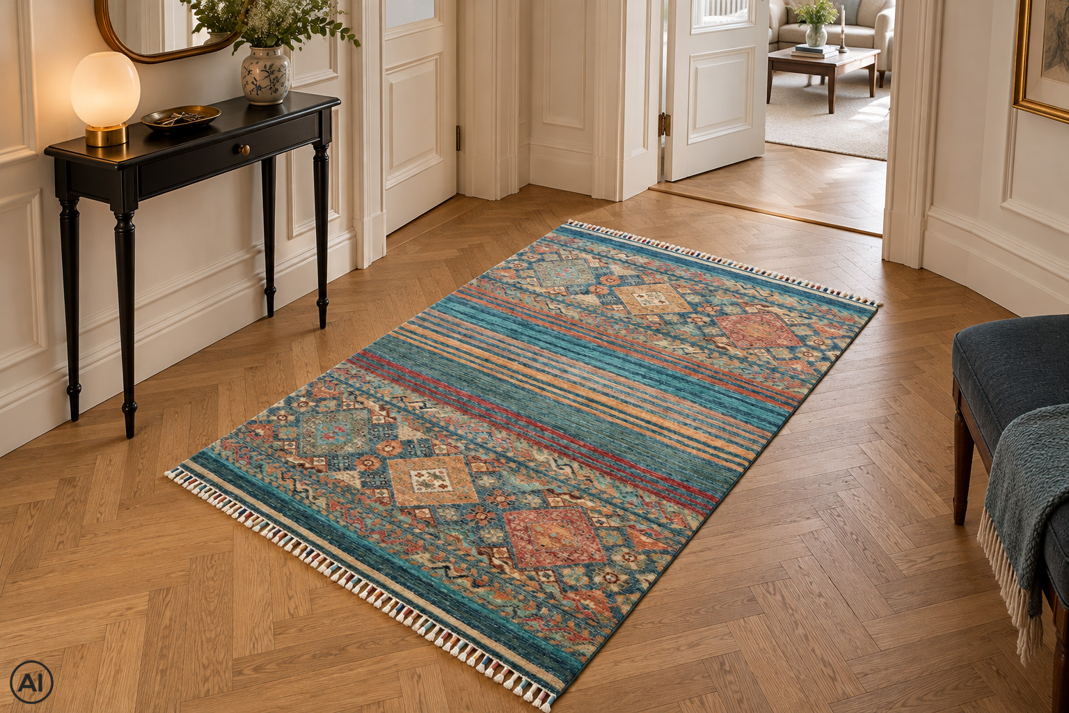 Miljöbild av Samarkand Blå 101x154 cm, handknuten afghansk ullmatta med blå botten och färgat mönster