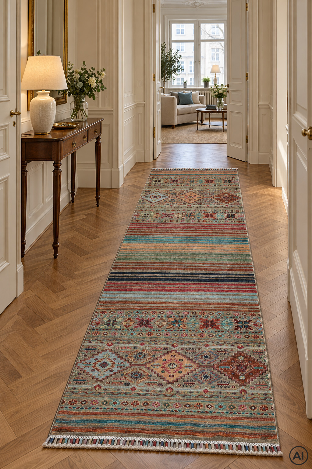 Samarkand 81x282 cm, handknuten afghansk gångmatta med färgstarka ränder i en elegant sekelskifteshall med fiskbensparkett.