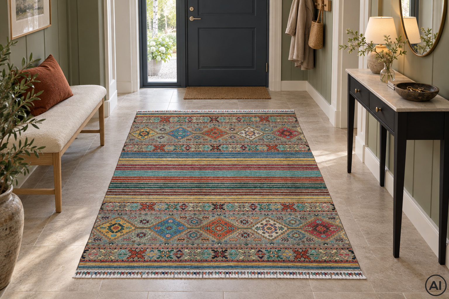 Miljöbild av Samarkand 152x206 cm, handknuten afghansk ullmatta med färgstarka medaljonger i en stilfull hall med gröna väggar.