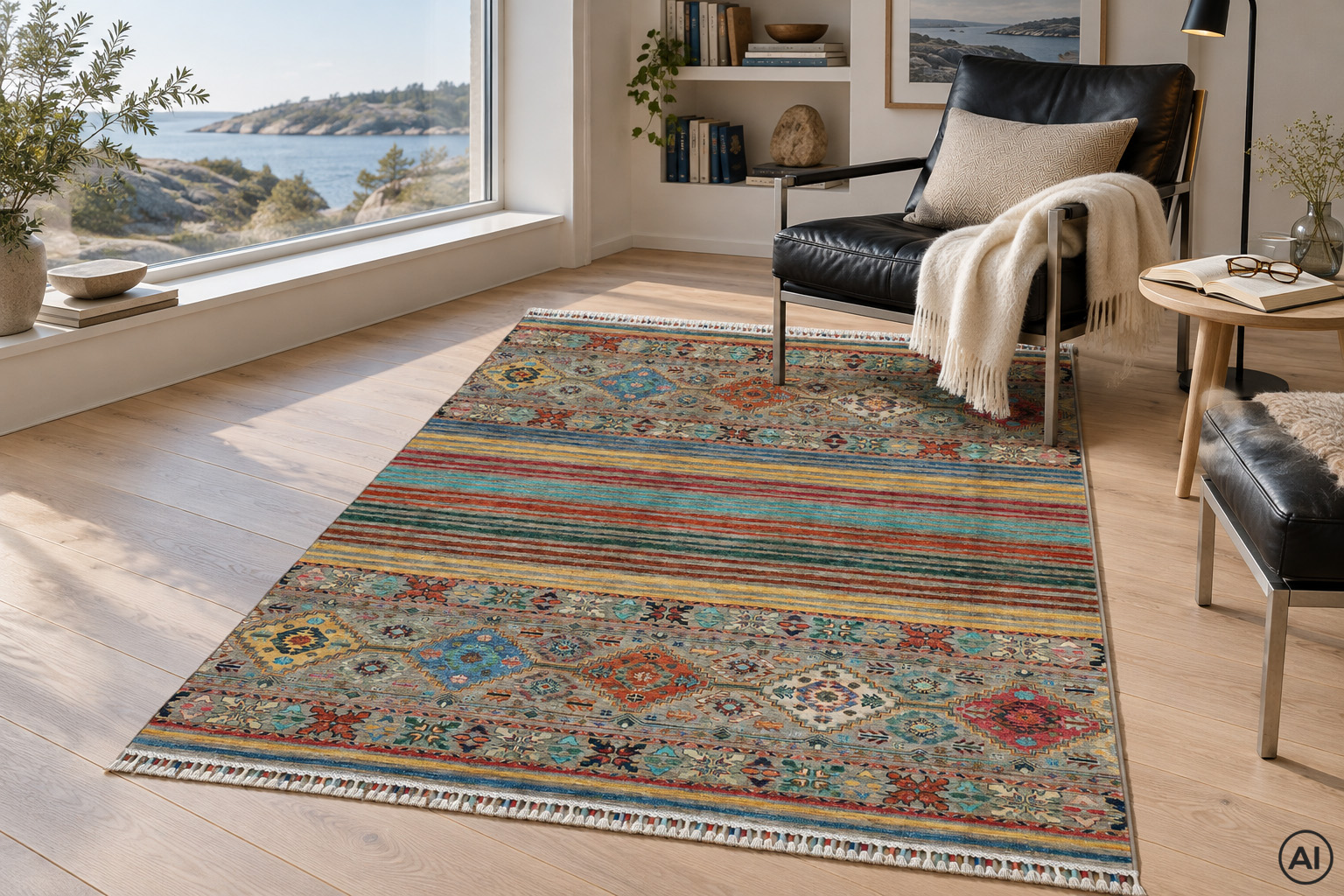Samarkand 152x206 cm, handknuten orientalisk ullmatta med färgglada ränder i en modern läshörna med skinnfåtölj och havsutsikt.
