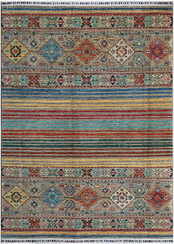 Helbild av Samarkand 152x206 cm, handknuten orientalisk ullmatta med färgstarka medaljonger och randigt mittparti.