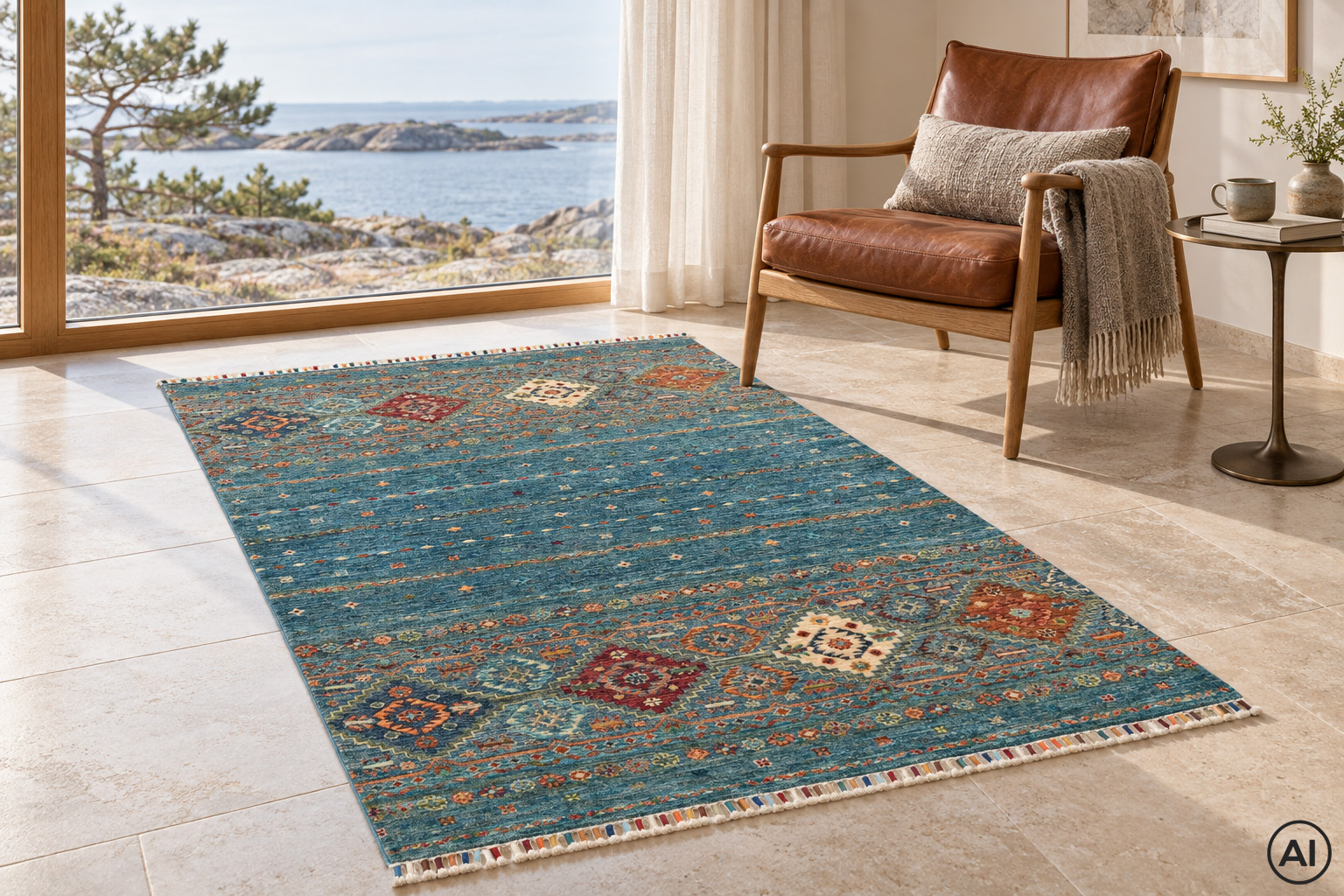 Miljöbild av Samarkand Blå 120x182 cm, handknuten afghansk ullmatta vid en skinnfåtölj i exklusivt vardagsrum med havsutsikt.
