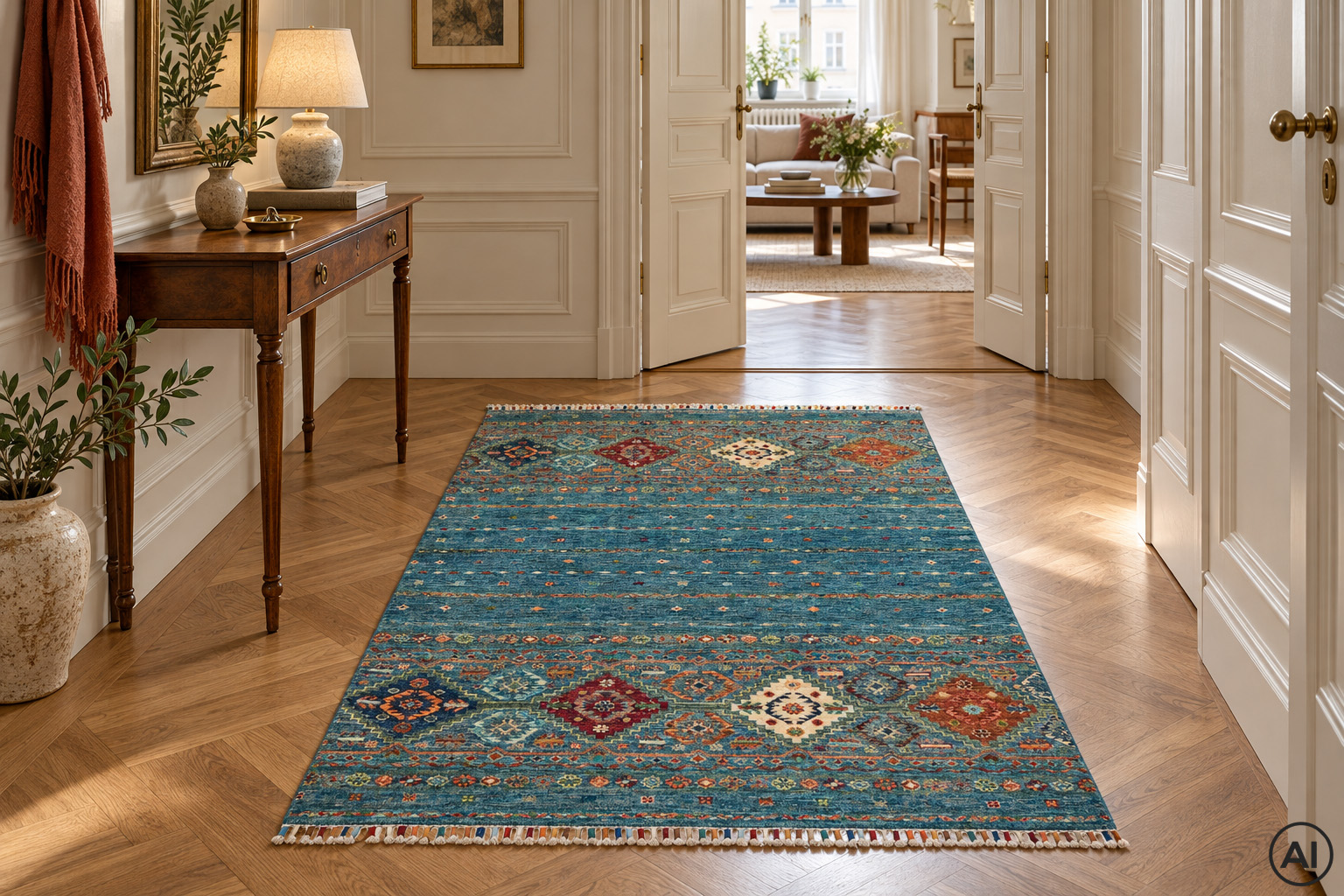 Samarkand Blå 120x182 cm, handknuten afghansk ullmatta med orientaliska medaljonger i en ljus sekelskifteshall med fiskbensparkett.