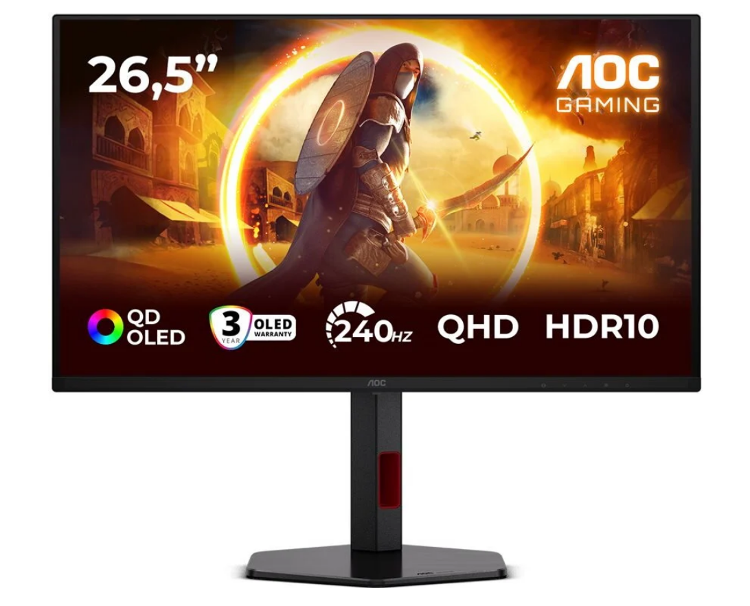 AOC 27"  Gamingskärm | QD-OLED| QHD 2560x1440| 240Hz | 0,3ms svarstid |HDR10 |G-Sync compatible | DisplayPort | 2 x HDMI 2.1 | Höj & sänkbar, Pivot |Garanti: 2 år |