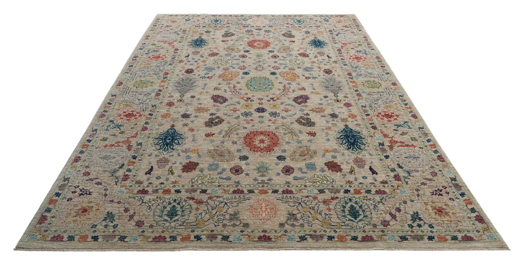 Produktbild framifrån av Ariana Fine 201x294 cm, handknuten afghansk ullmatta med symmetriskt mönster och dekorativ bård.