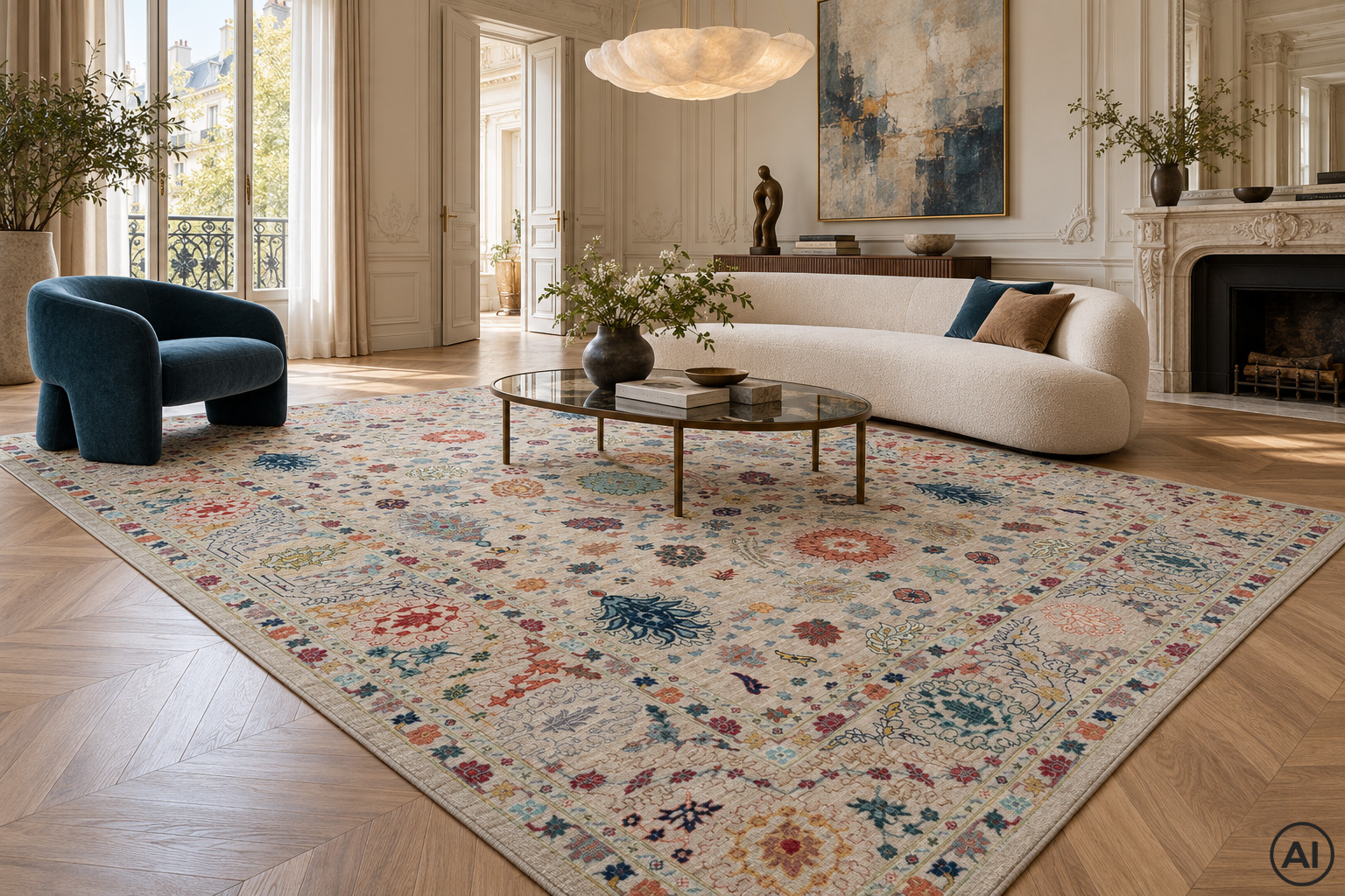 Miljöbild av Ariana Fine 201x294 cm, exklusiv handknuten orientalisk ullmatta i en elegant sekelskiftesvåning med designmöbler.