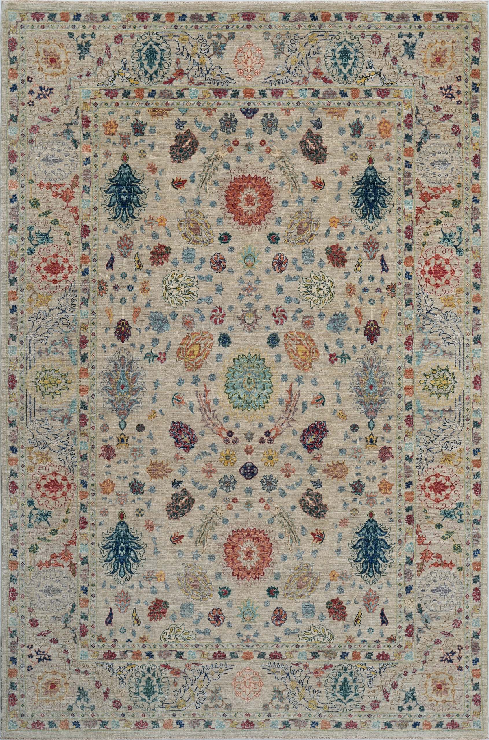 Produktbild helbild av Ariana Fine 201x294 cm, handknuten afghansk ullmatta med beigegrå botten och symmetriska blommönster.