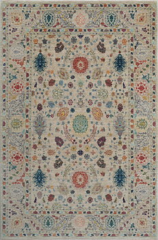 Produktbild helbild av Ariana Fine 201x294 cm, handknuten afghansk ullmatta med beigegrå botten och symmetriska blommönster.