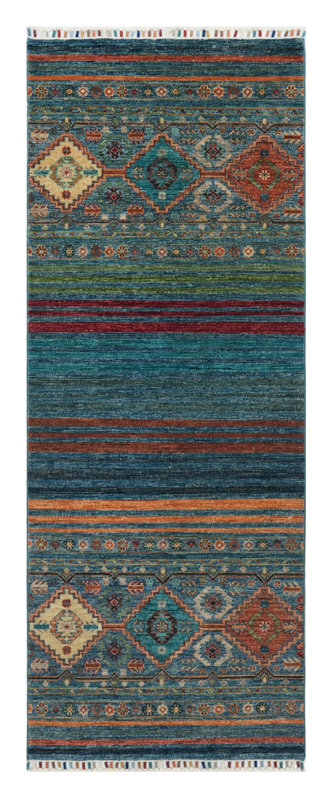 Produktbild helbild av Samarkand Blå 80x204 cm, handknuten afghansk gångmatta med blå botten och geometriskt mönster och ränder