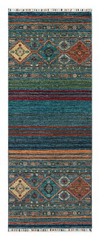 Produktbild helbild av Samarkand Blå 80x204 cm, handknuten afghansk gångmatta med blå botten och geometriskt mönster och ränder