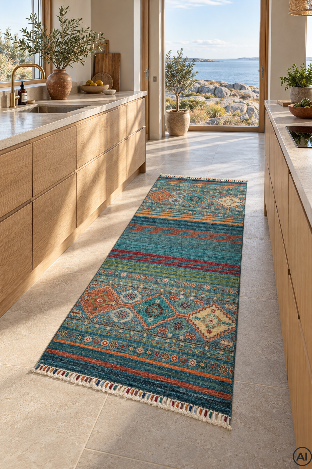 Samarkand Blå 80x204 cm, handknuten orientalisk gångmatta med färgstarka mönster i ett modernt kök med havsutsikt