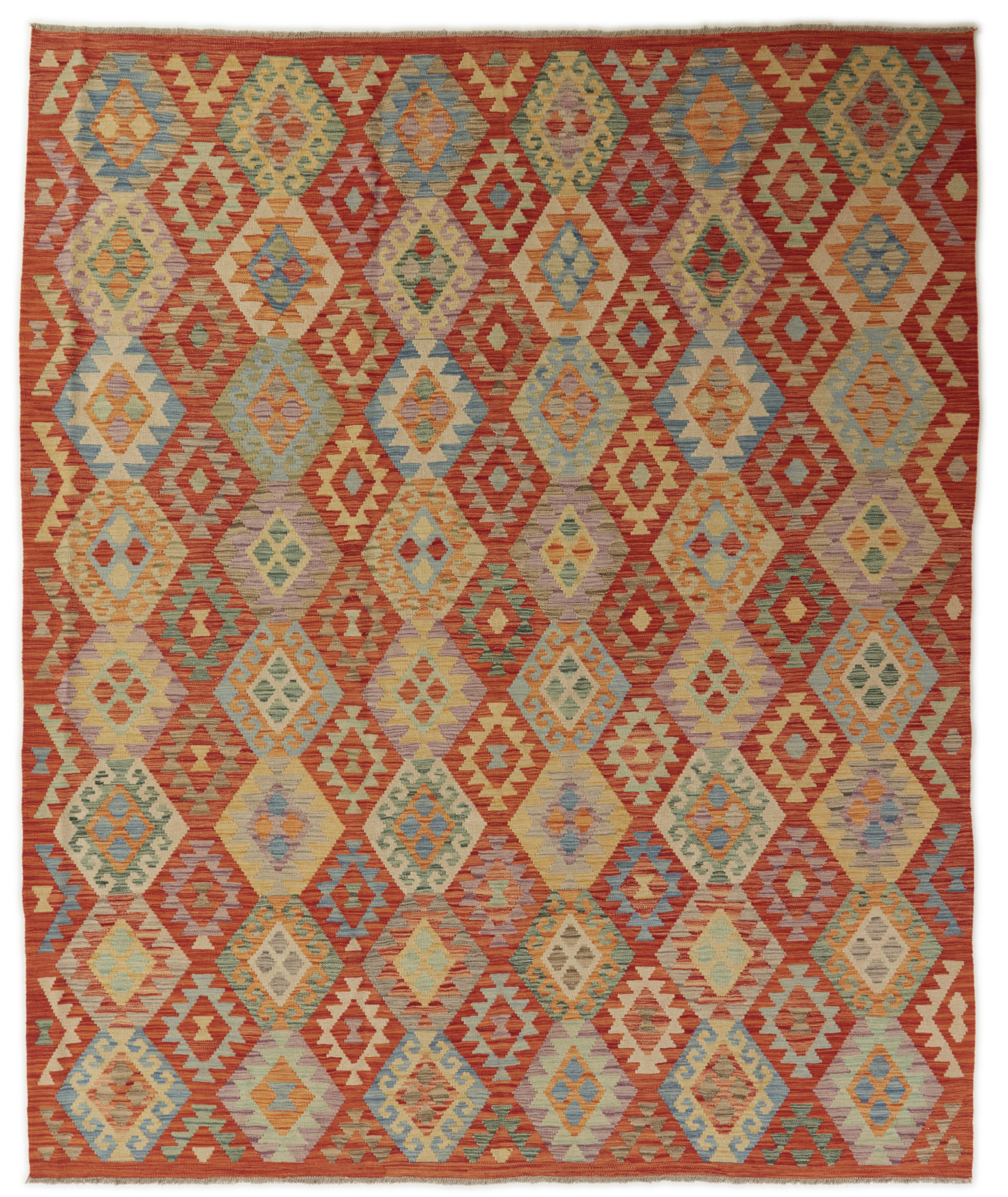 Produktbild helbild av Kelim 249x301 cm, handvävd afghansk ullmatta med tegelröd botten och färgstarkt geometriskt mönster