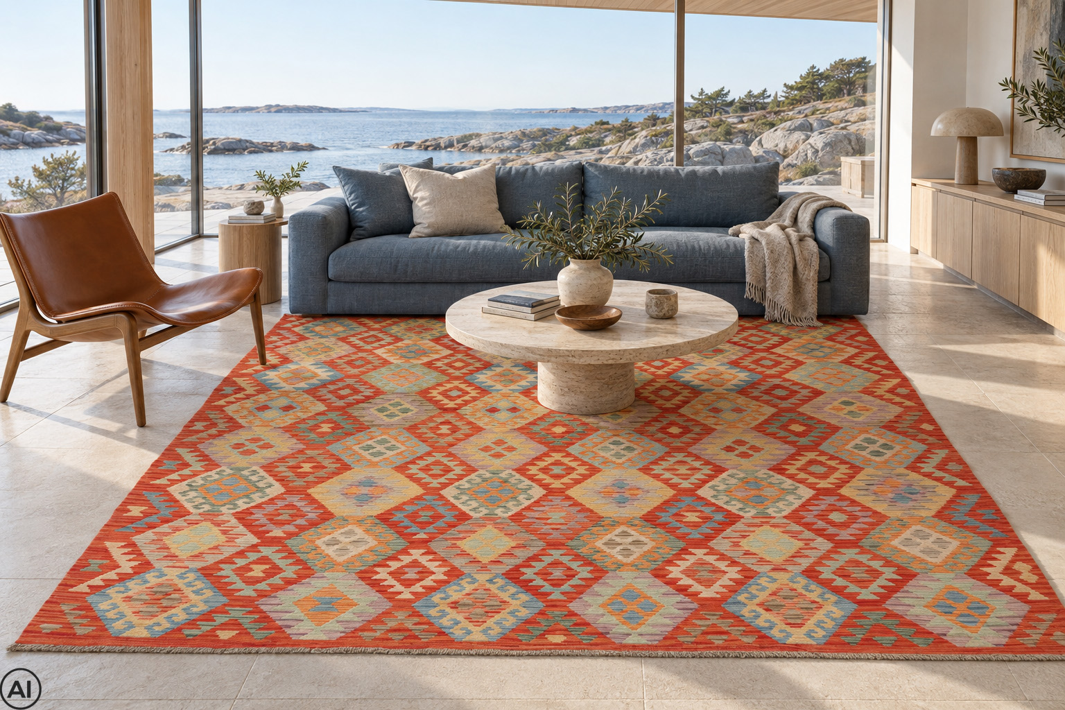 Kelim 249x301 cm, handvävd afghansk ullmatta med färgstarka romber i ett modernt vardagsrum med designmöbler och havsutsikt
