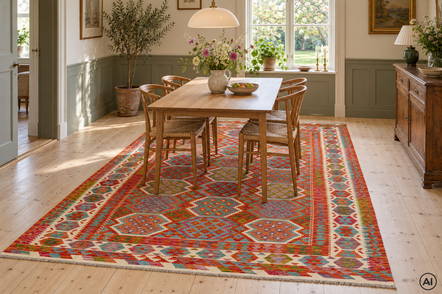 Miljöbild av Kelim 201x308 cm, handvävd afghansk ullmatta med färgstarka geometriska mönster under matbord i ljus matsal.