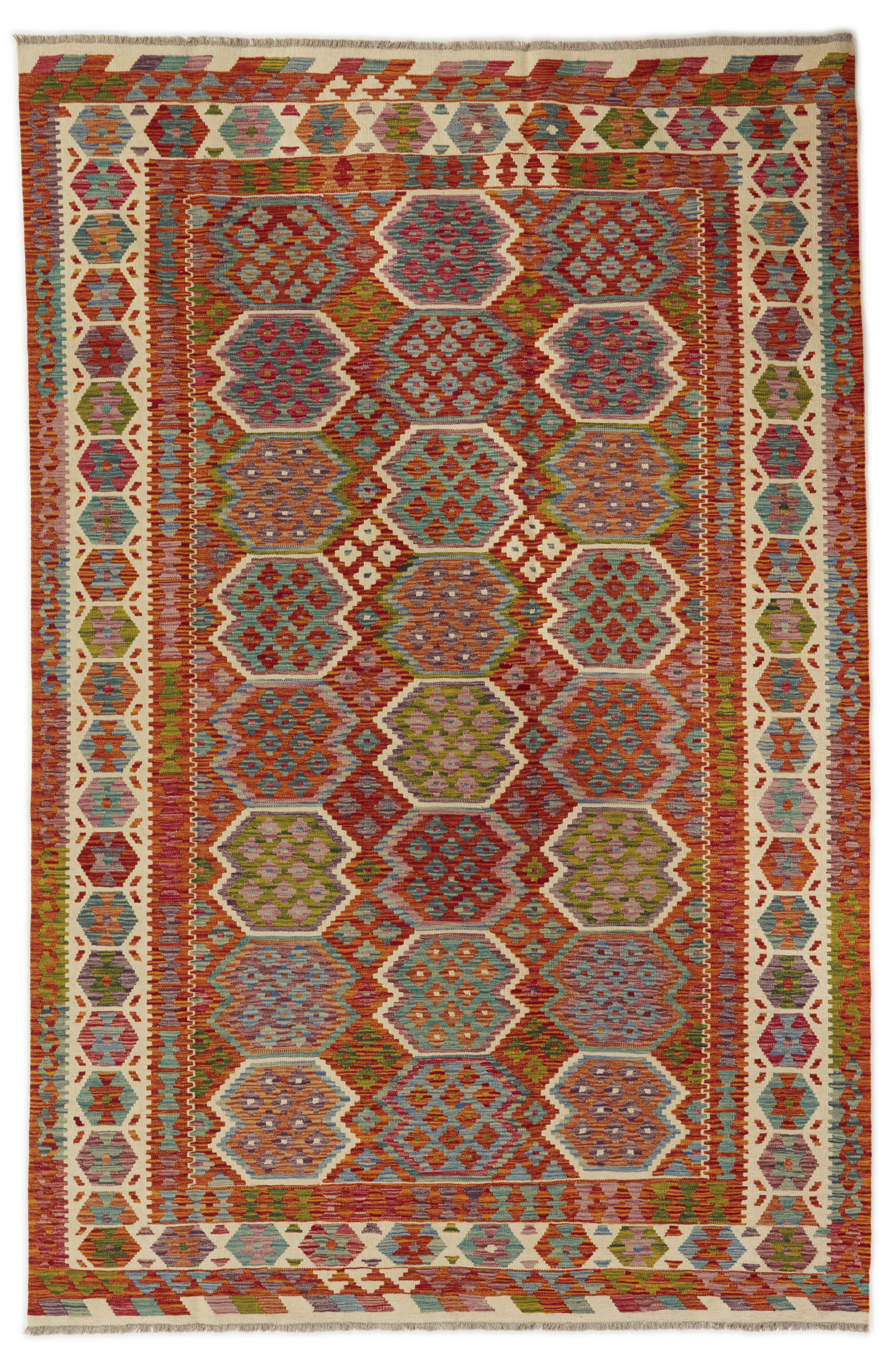 Produktbild helbild av Kelim 201x308 cm, handvävd afghansk ullmatta med färgstarka åttakantiga medaljonger och ljus mönsterbård.