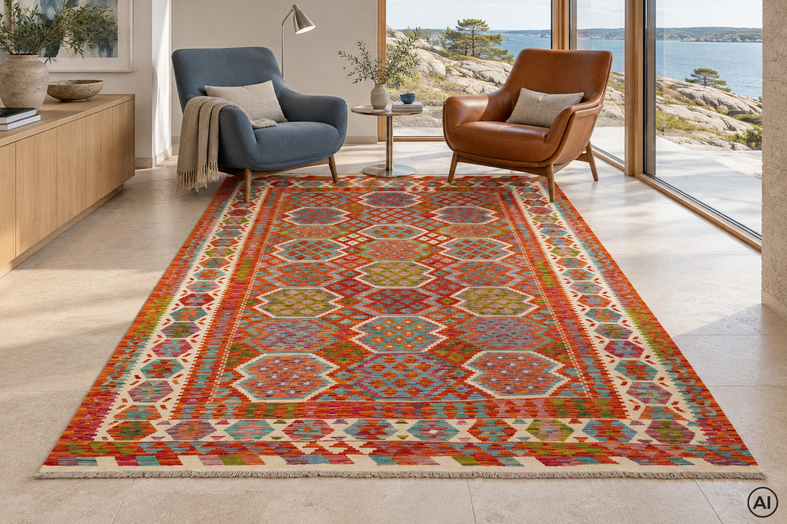 Kelim 201x308 cm, färgstark handvävd orientalisk ullmatta i modern lounge med skinnfåtöljer och havsutsikt.