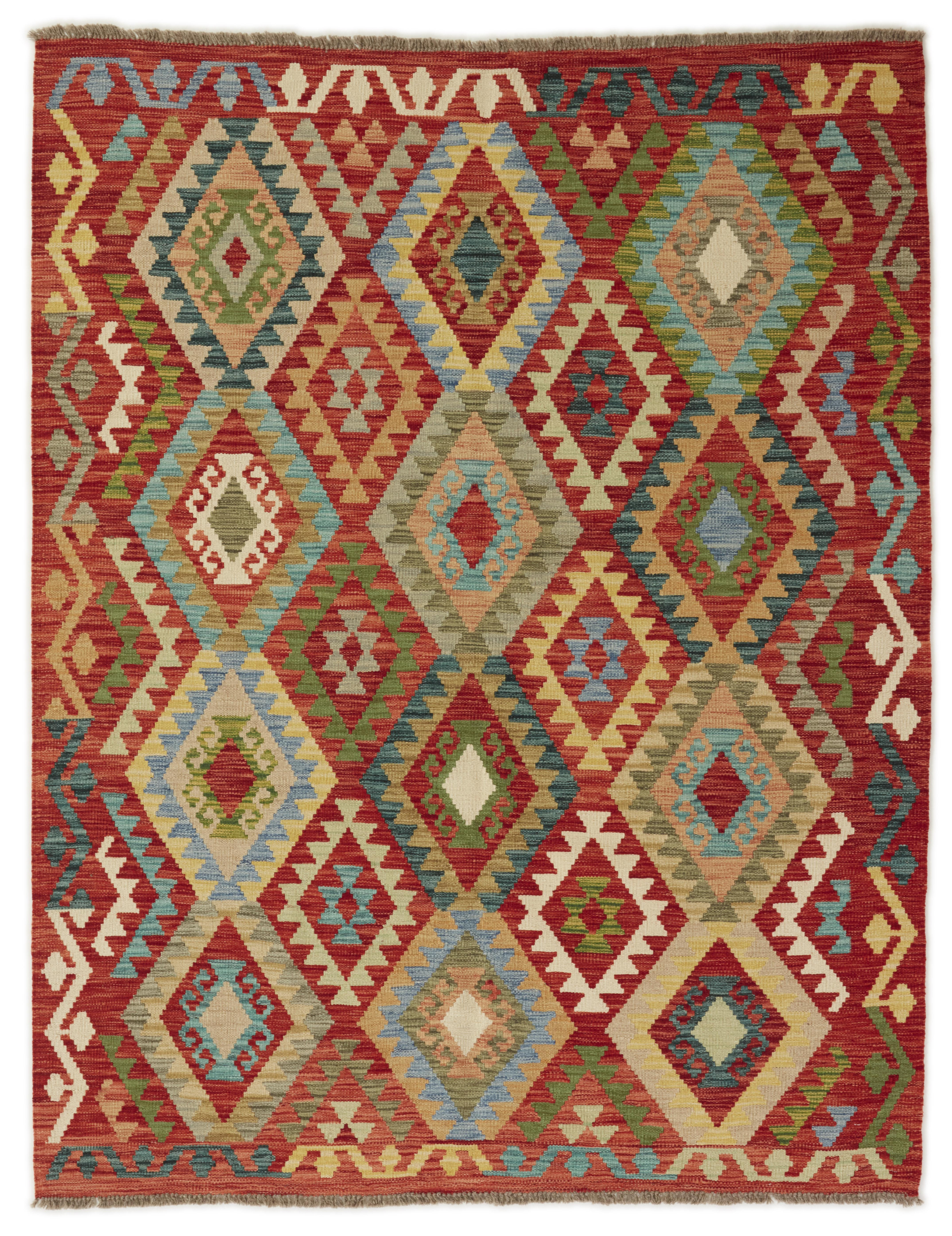 Produktbild helbild av Kelim 156x197 cm, handvävd afghansk ullmatta med tegelröd botten och rombmönster i turkos och grönt.