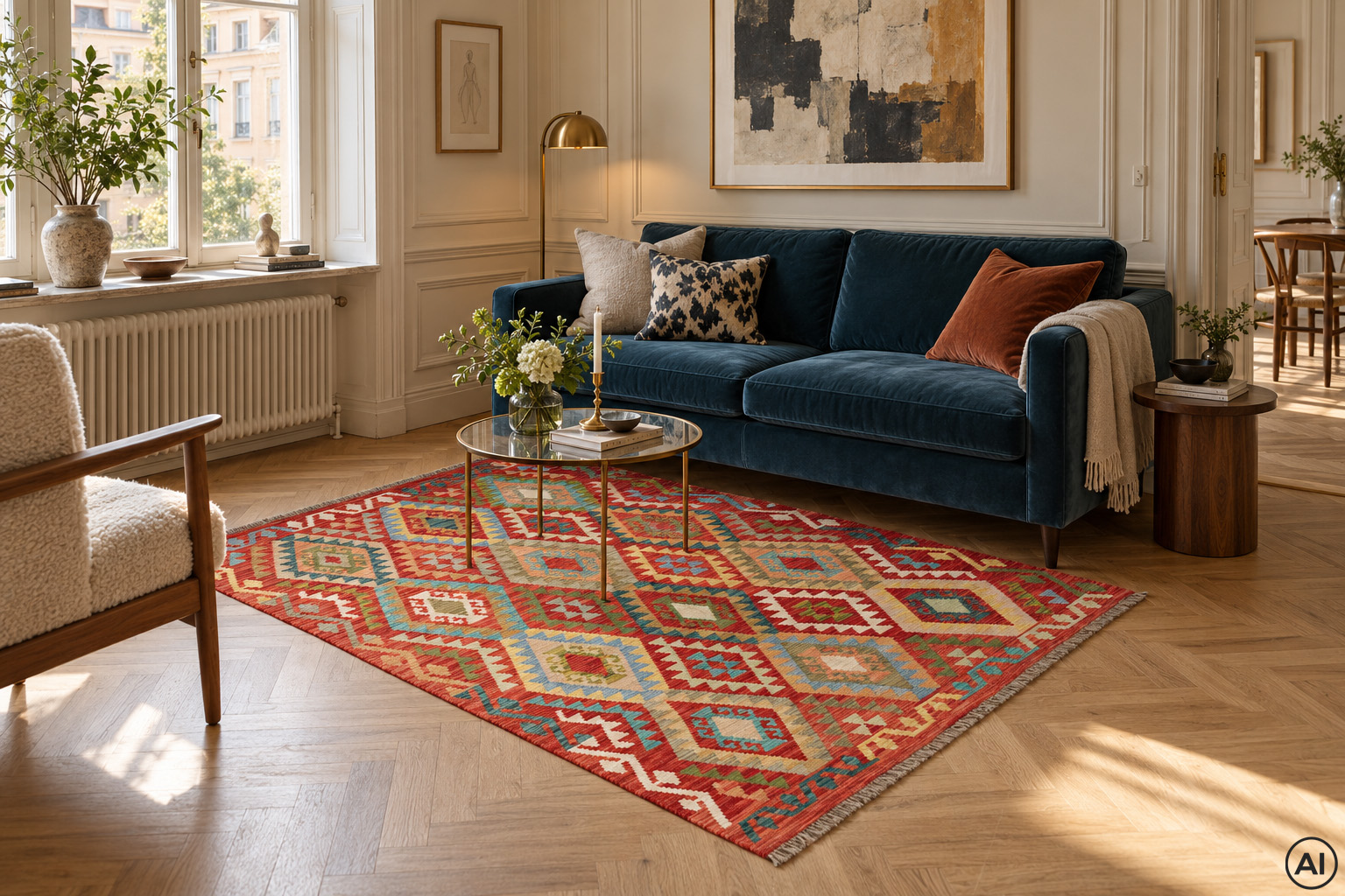 Kelim 156x197 cm, handvävd orientalisk ullmatta med röd botten och färgrika romber i klassiskt vardagsrum med blå sammetssoffa.