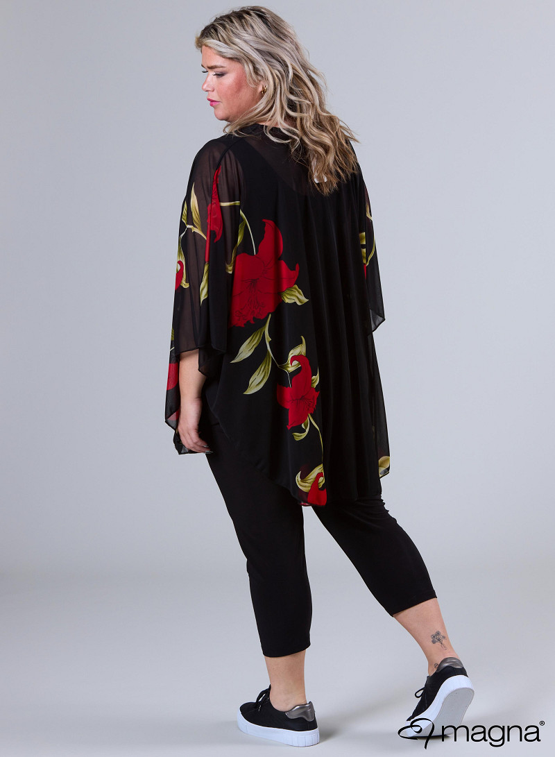 Poncho i chiffong med blommönster, röd - 2