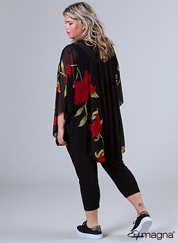 Poncho i chiffong med blommönster, röd