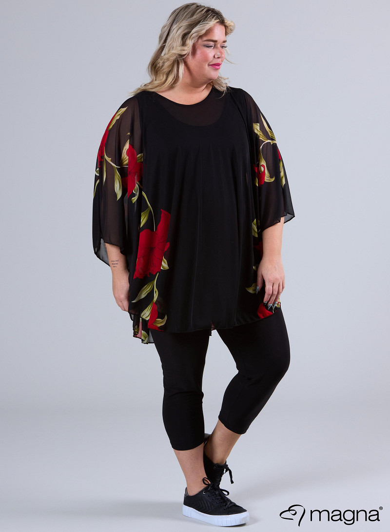 Poncho i chiffong med blommönster, röd - 3