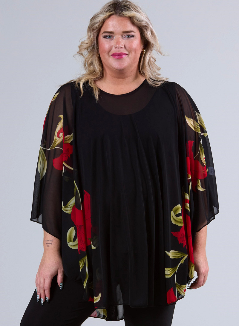 Poncho i chiffong med blommönster, röd
