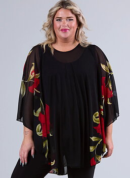 Poncho i chiffong med blommönster, röd
