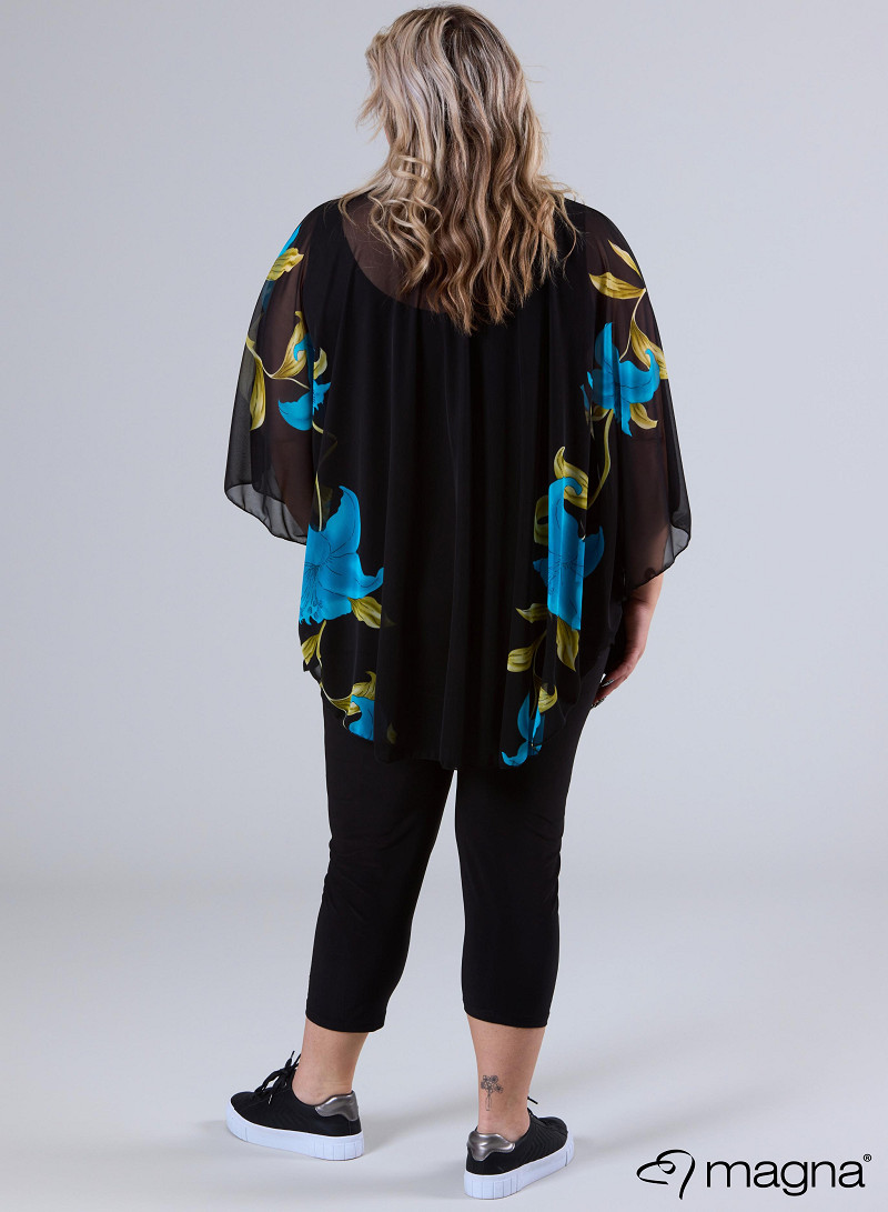 Poncho i chiffong med blommönster, turkos - 2