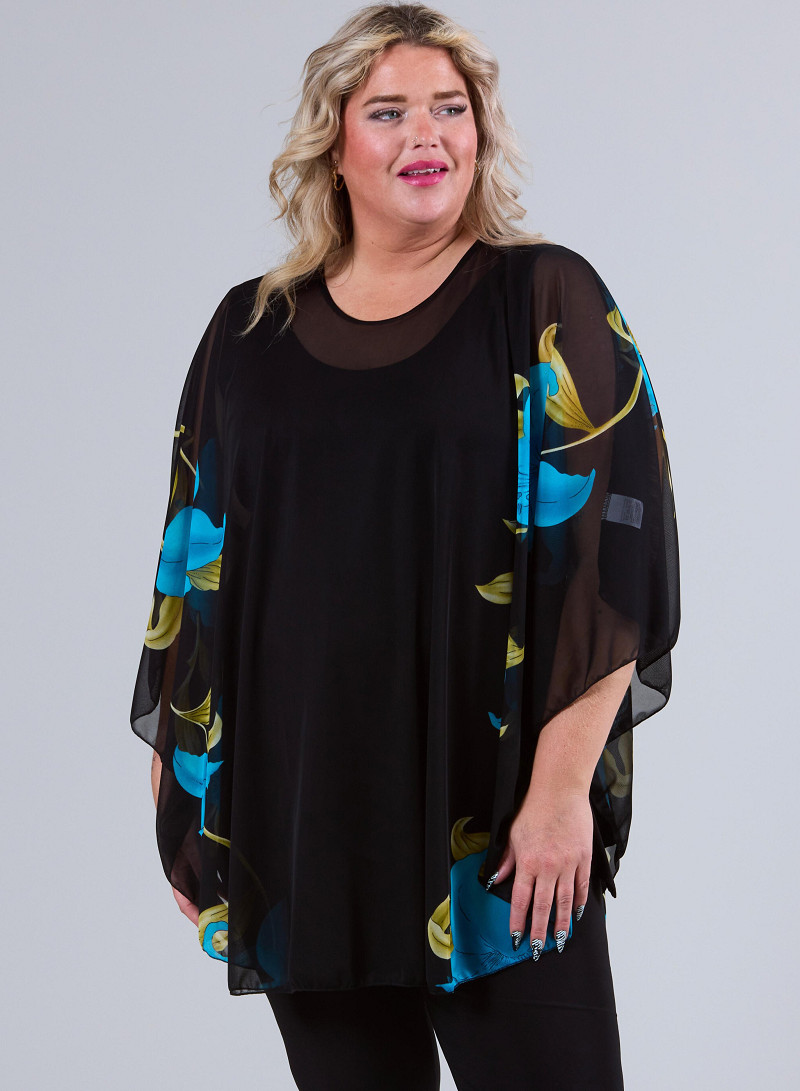 Poncho i chiffong med blommönster, turkos