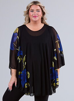 Poncho i chiffong med blommönster, kornblå
