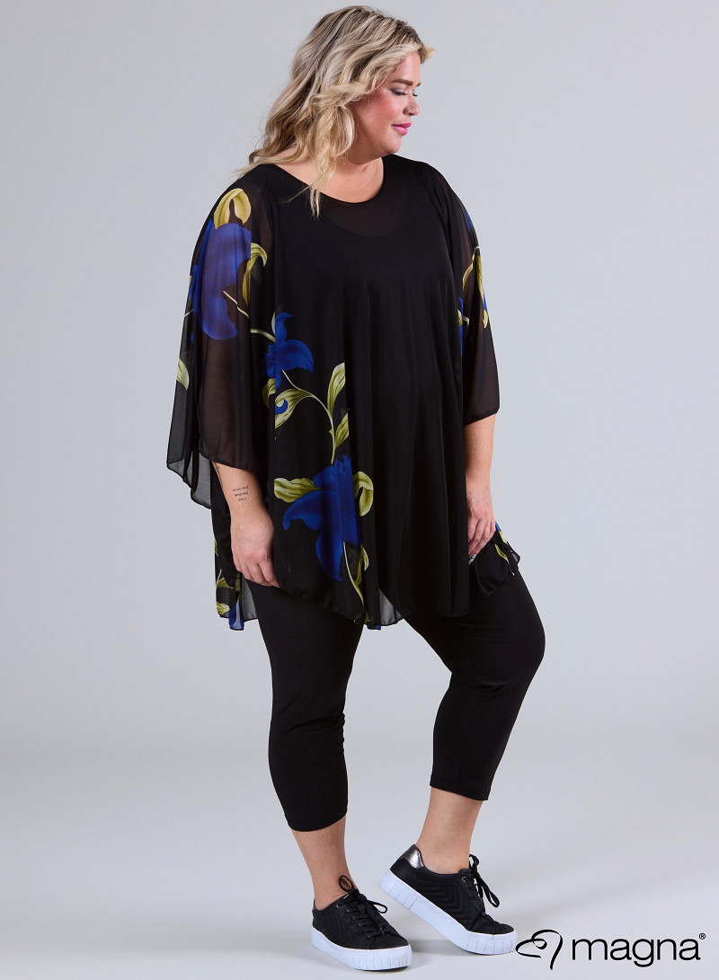 Poncho i chiffong med blommönster, kornblå - 3