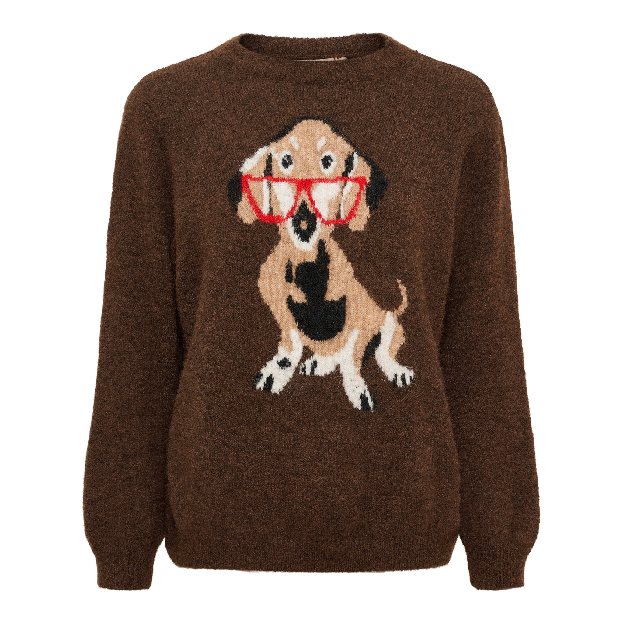 MdcCoraline Knit Brown  Stickad tröja med hundmotiv