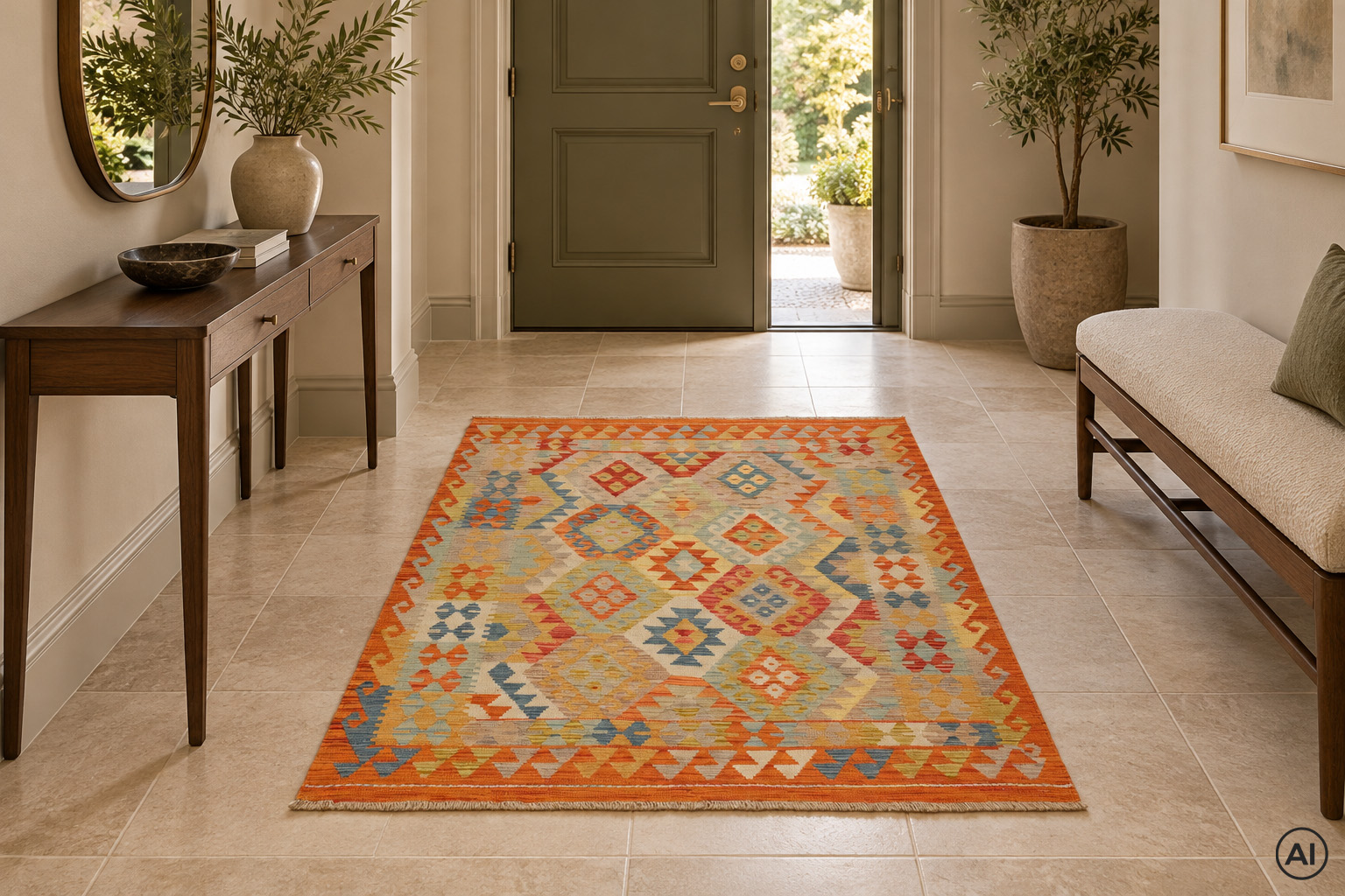 Kelim 127x174 cm, handvävd afghansk ullmatta med geometriska mönster i ljusa pastellfärger och orange bård i elegant hall med naturstensgolv.