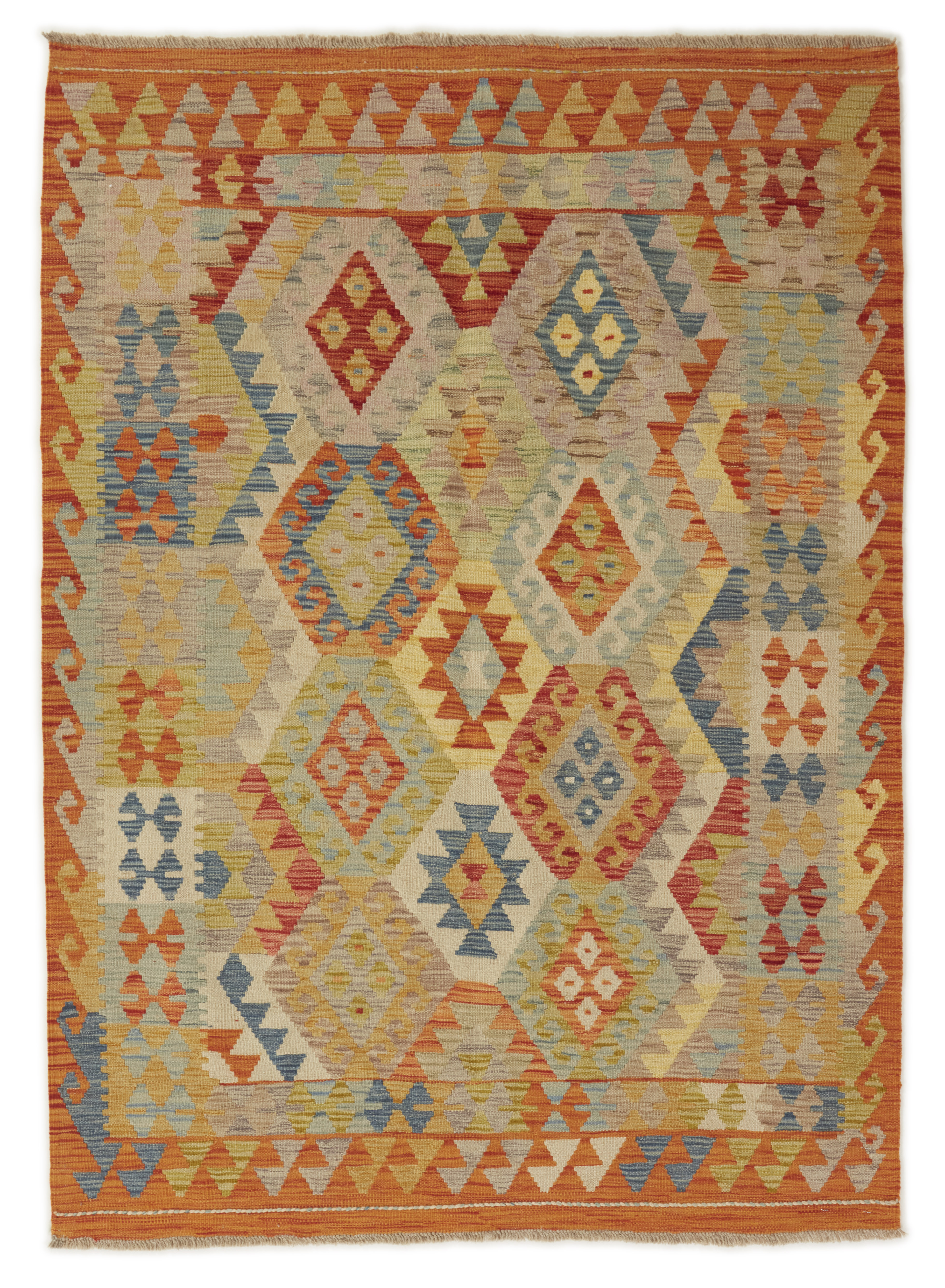 Helbild av Kelim 127x174 cm, handvävd afghansk ullmatta med geometriska mönster i gult, blått, beige och rött samt orange bård.