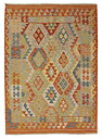 Helbild av Kelim 127x174 cm, handvävd afghansk ullmatta med geometriska mönster i gult, blått, beige och rött samt orange bård.