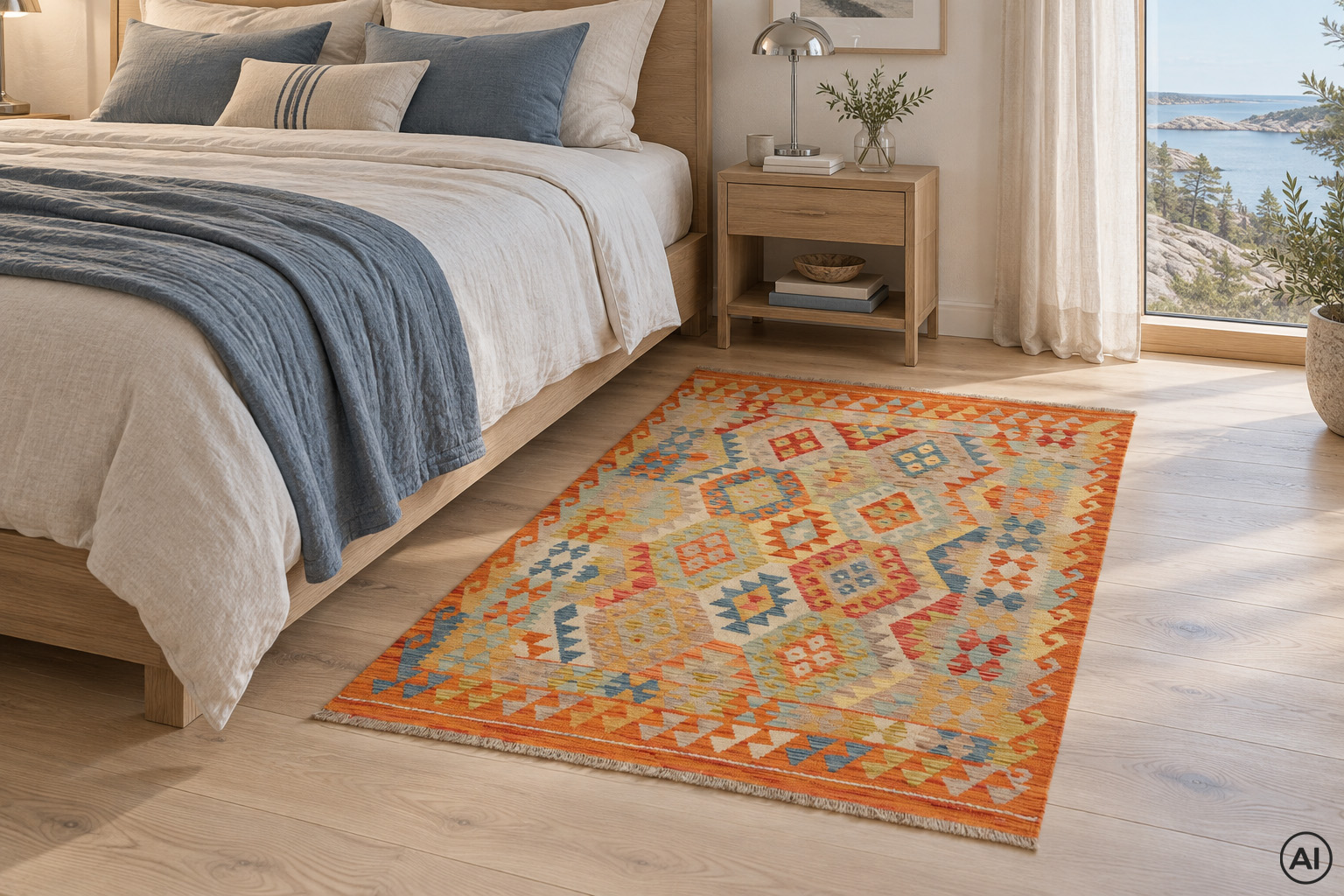 Kelim 127x174 cm, handvävd orientalisk ullmatta med geometriska mönster i orange, blått, gult och beige, placerad vid sängen i ett ljust sovrum med havsutsikt