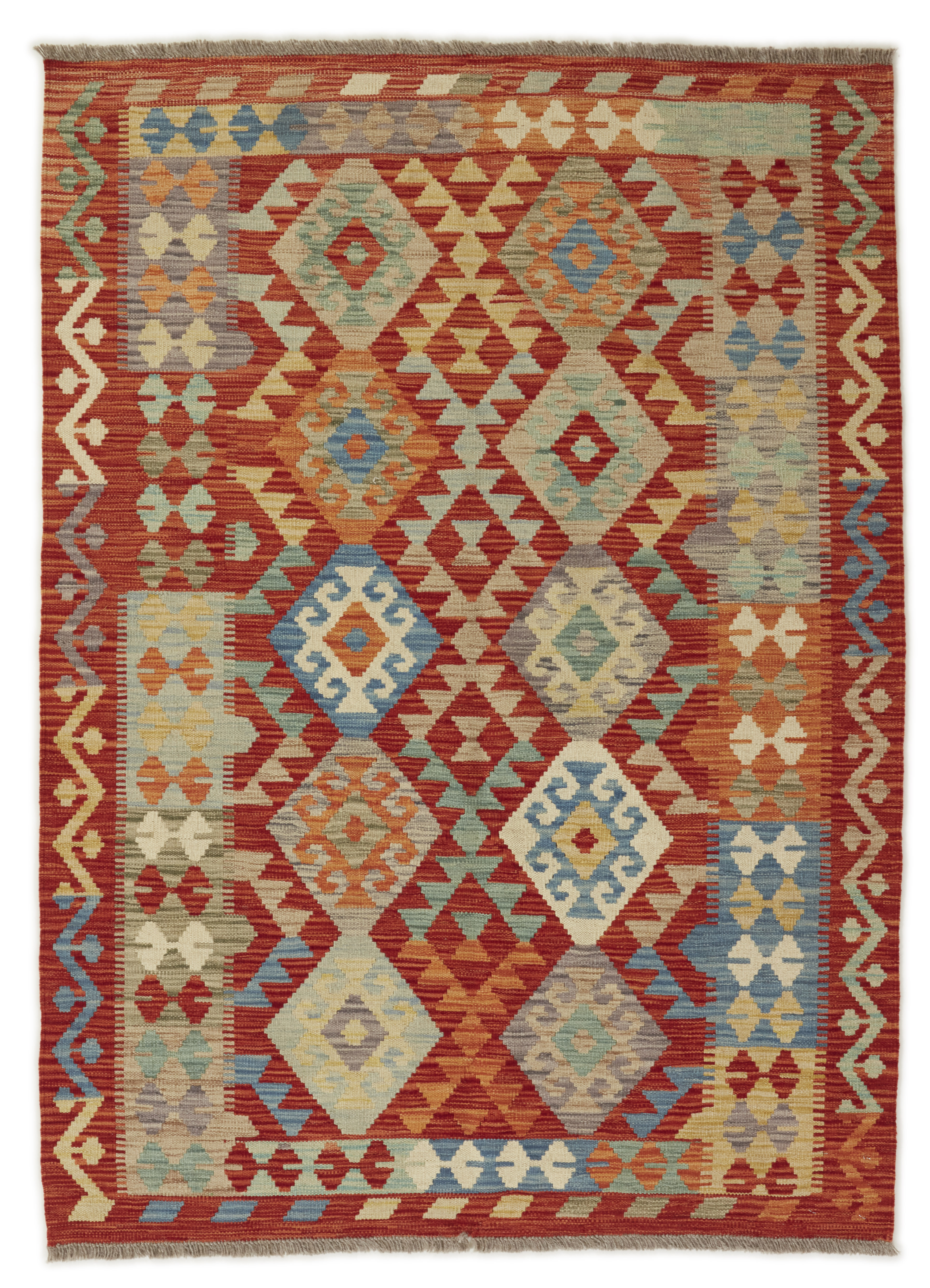 Helbild av Kelim 126x174 cm, handvävd afghansk ullmatta med tegelröd botten och geometriska romber i blått, grönt och beige.