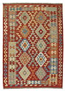 Helbild av Kelim 126x174 cm, handvävd afghansk ullmatta med tegelröd botten och geometriska romber i blått, grönt och beige.