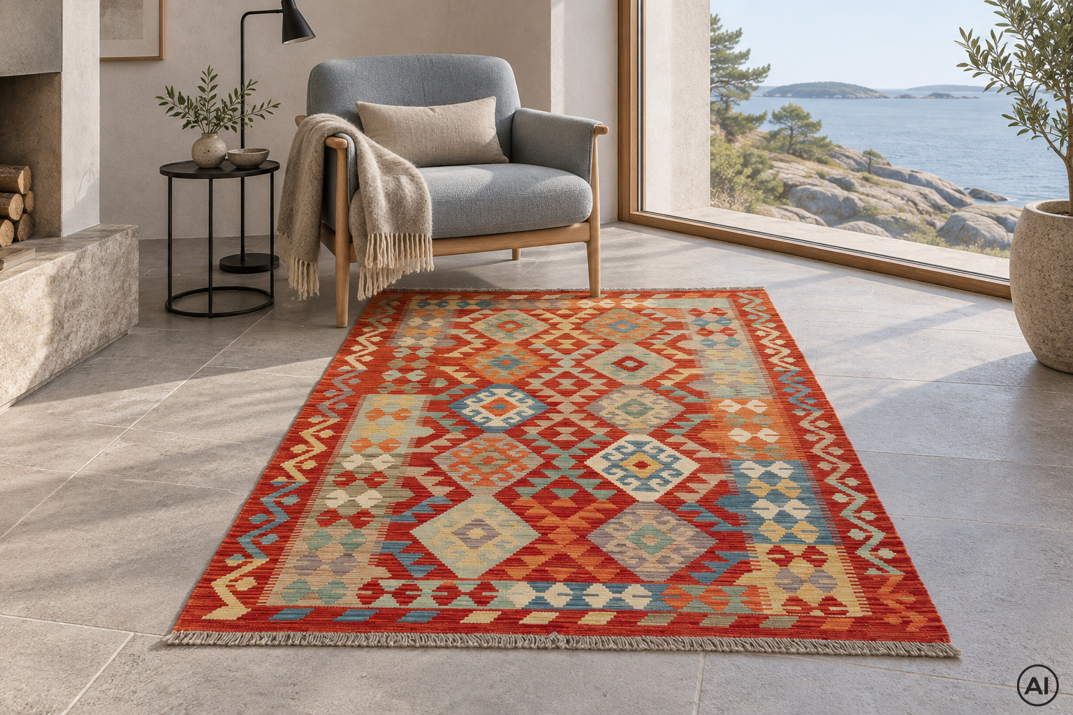 Kelim 126x174 cm, handvävd afghansk ullmatta med tegelröd botten och geometriska rombmönster, placerad vid en fåtölj i modern kustvilla med havsutsikt.