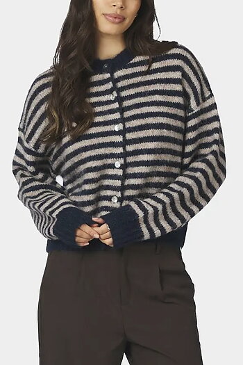 Neo Noir  - Isana Stripe  Fluffy Knit Cardigan Navy Striped